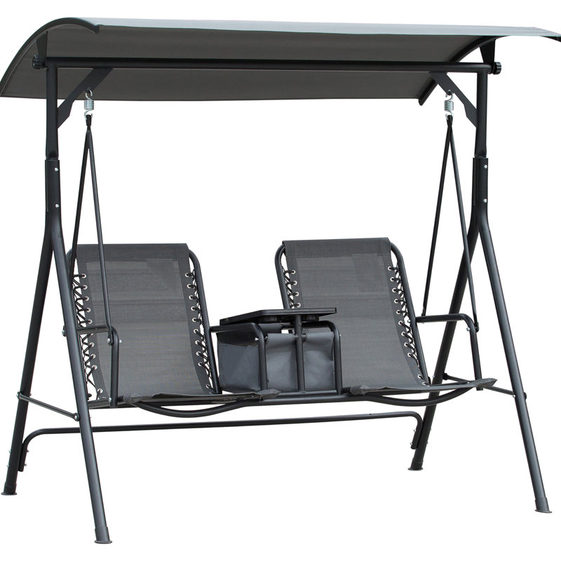 Balancelle de patio grise, 2 avec auvent, table de rangement pivotante, porte-gobelet, abat-jour réglable, fabrication en acier robuste, capacité de charge de 528 lb