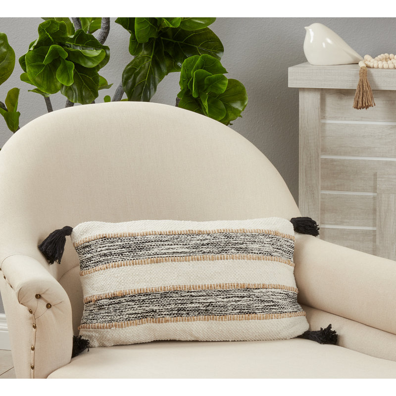 Aziza Collection Tassels Cotton Throw Pillow, Pillow Cover Only - No Insert, Black/White, 12" H x 20" W