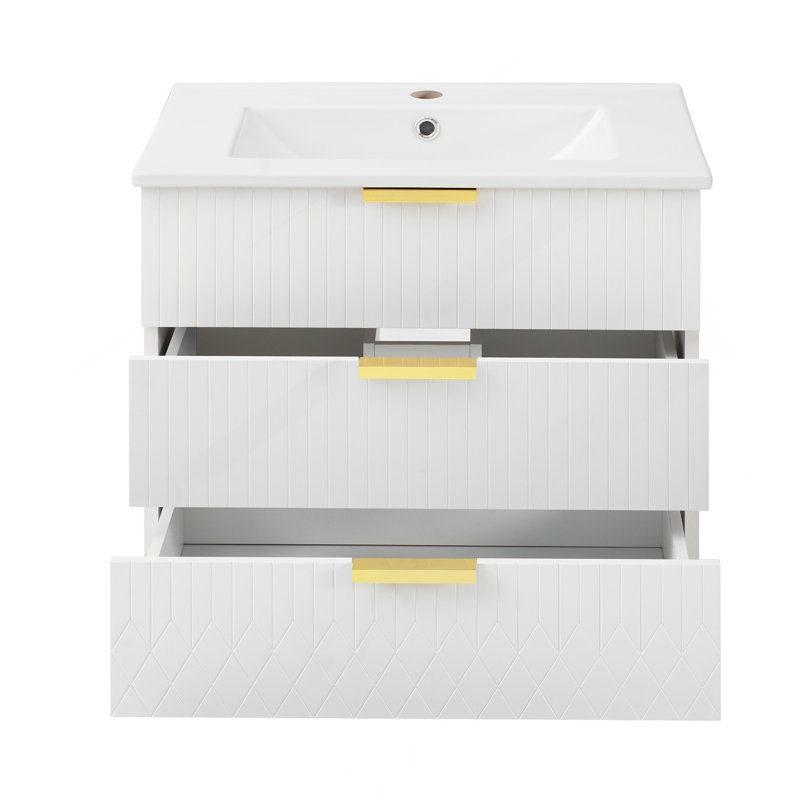 24Inch Wall Mounted Floating Cabinet W/Double Drawer, Floating Rectangular Vanity Small Bathroom Sink With Single Faucet Hole And Overflow, Modern Bathroom Cabinet With Ceramic Basin Sink