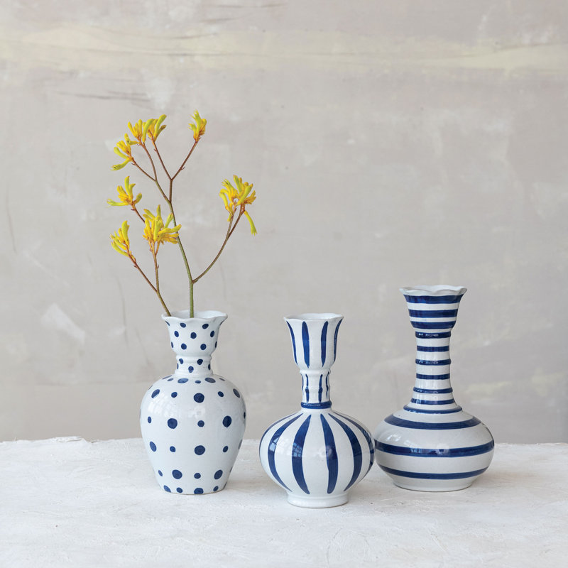 3-Piece Hand-Painted Stoneware Vase With Dots/Stripes