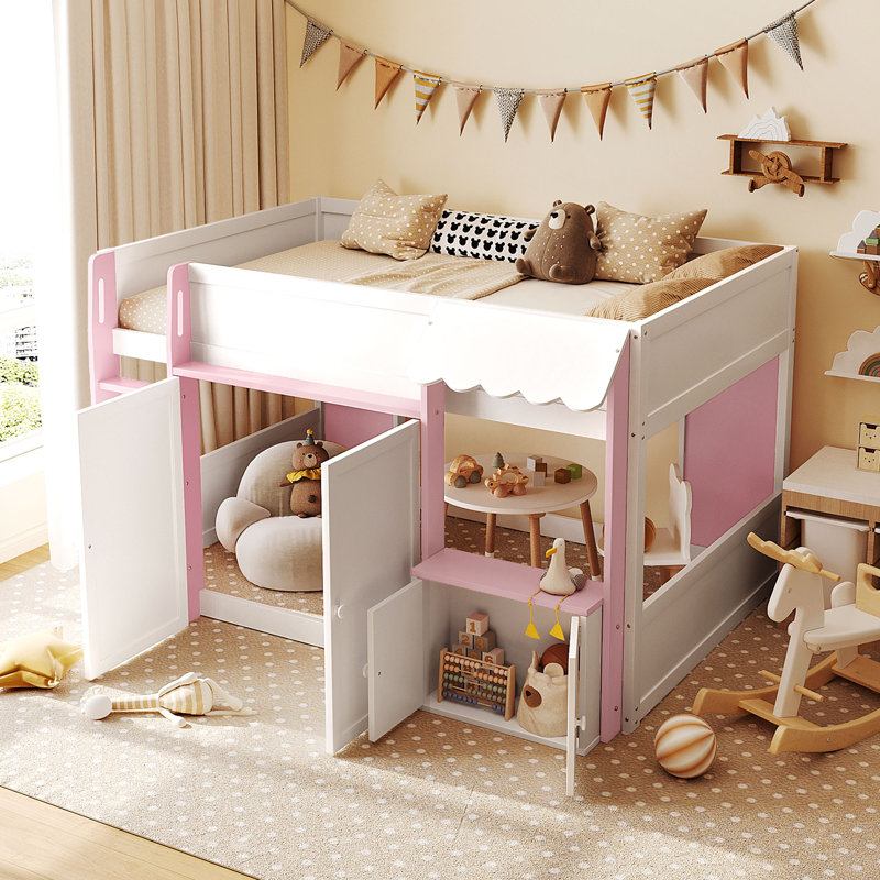 Full Loft House Bed With Playhouse & Storage, Modern Wood Cabin Bed For Kids/Teens, White+Pink, White/Pink