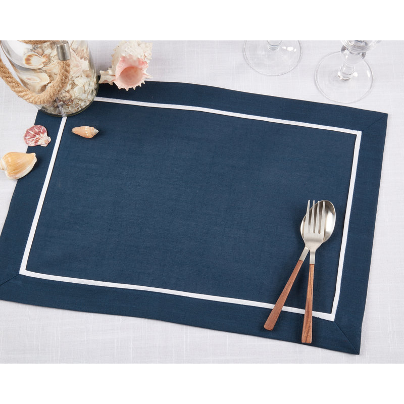 Navy Blue Polyester Rectangle Placemats with White Border (Set of 4)