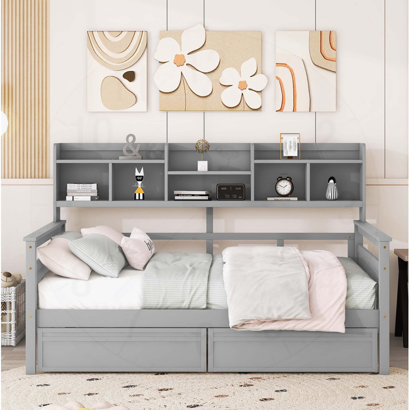 Daybed with Wood Slat Support, Bedside Shelves, and Two Drawers, , Versatile and Stylish, Gray, Full/Double