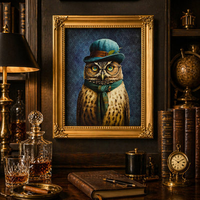 Hibou à chapeau et lunettes 40 x 33 cm - Portrait vintage encadré doré orné - Décoration murale sur le thème d'un bar pour messieurs