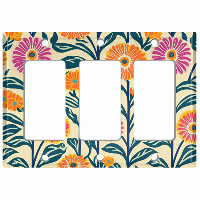 Metal Light Switch Plate Cover; US Standard Size 2 Gang Toggle - Retro Floral Folk Art