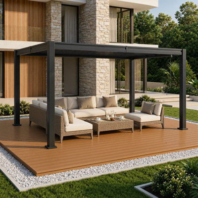 Pergola extérieure à persiennes l 16 pi x P 10 pi avec toit réglable et drainage intégré, pavillon de patio tout acier résistant à la rouille pour le patio, noir
