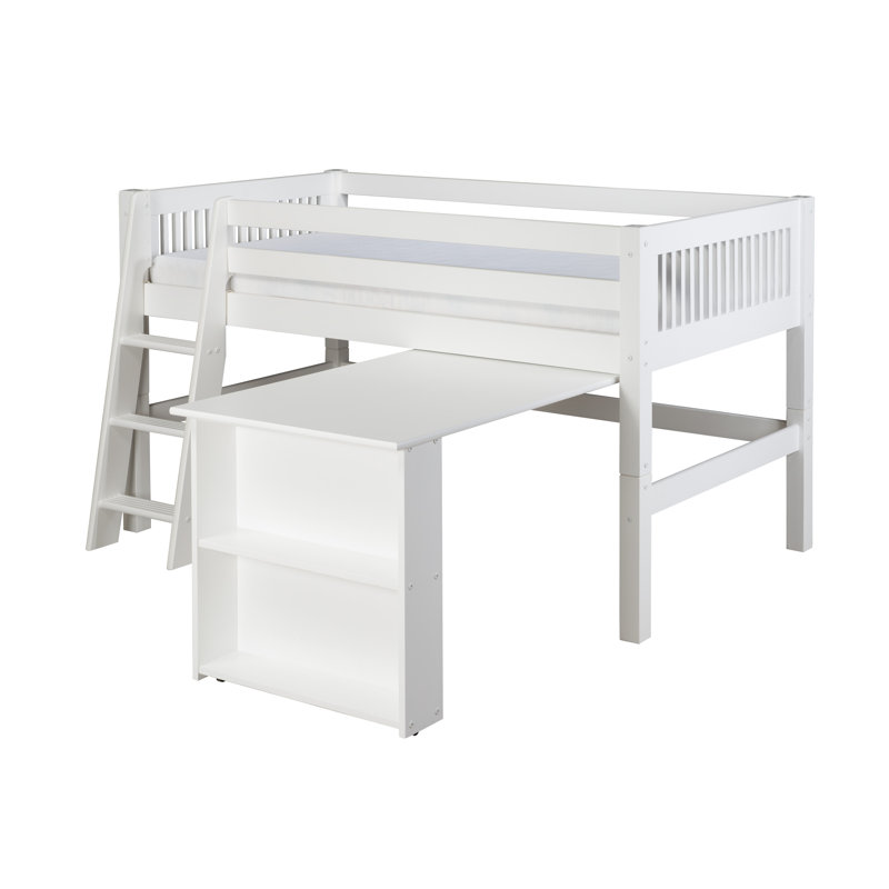 Lit mezzanine simple en bois massif avec bibliothèque Adae, Blanc