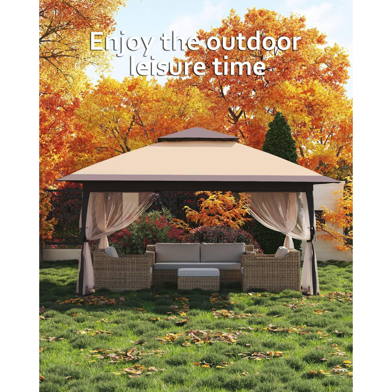 12' X12' Pop Up Gazebo, Canopy Tent With Mosquito Netting, One Push Setup, Tan