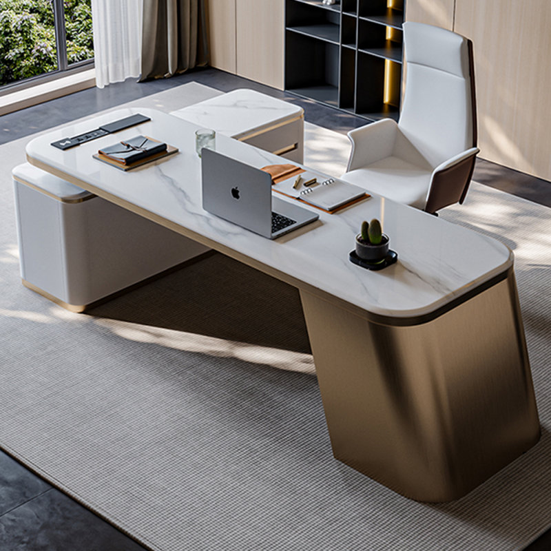 Bureau en L massif et bois manufacturé en L avec 2 tiroirs, H 29,53 po x l 86,61 po x P 31,5 po, Doré
