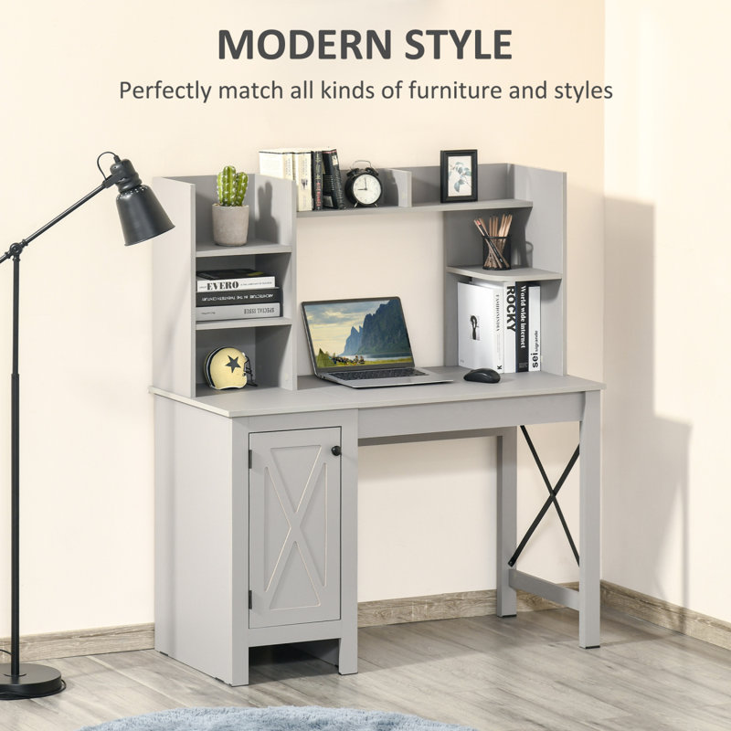 Modern Light Grey Wood Computer Desk with Hutch and Filing Cabinet