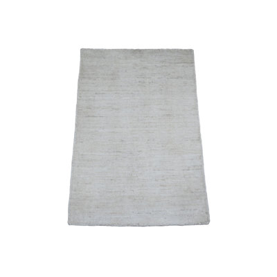 2'x3' Alabaster White, Plain Solid Pattern, Lush and Plush, Hand Knotted, Hand Spun Ghazni Wool, Mat, Oriental Rug