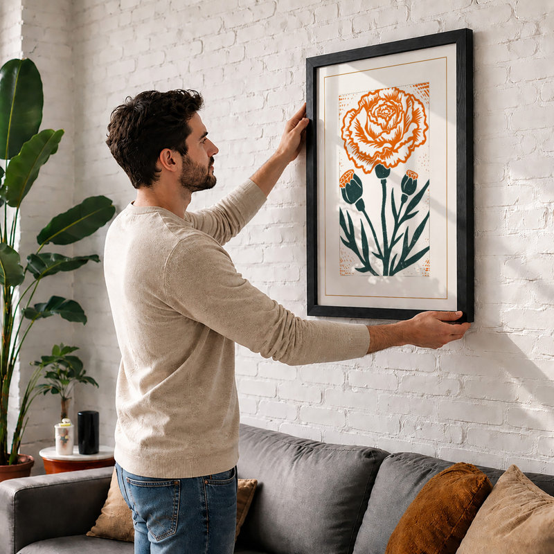 Orange Rose In Bloom Botanical - Print, Walnut, A1 - 84.1 x 59.4 cm