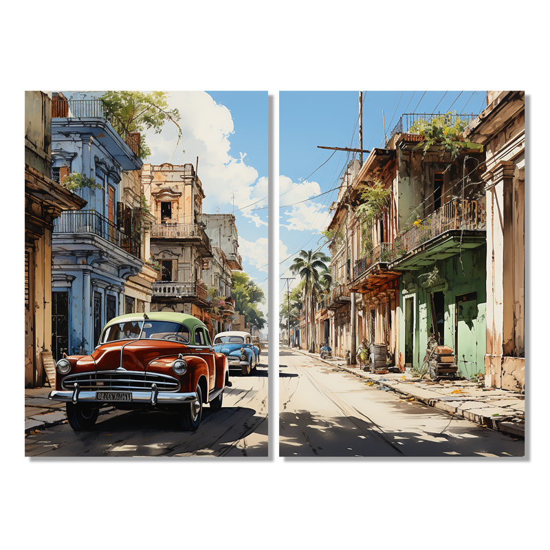 Cuba Rhythms Street I - Ensemble de 2 décorations murales paysage de plage à Cuba, H 36 po x l 48 po, Toile tendue