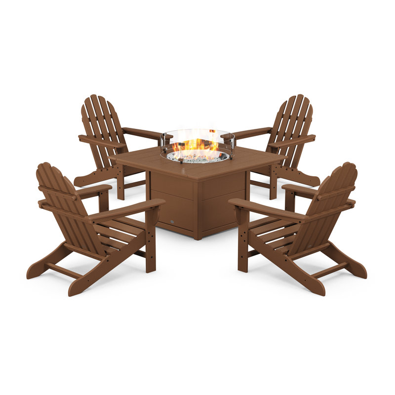 POLYWOOD x Sol 72 5-Piece Traditional Adirondack Fire Pit Table Set, Teak