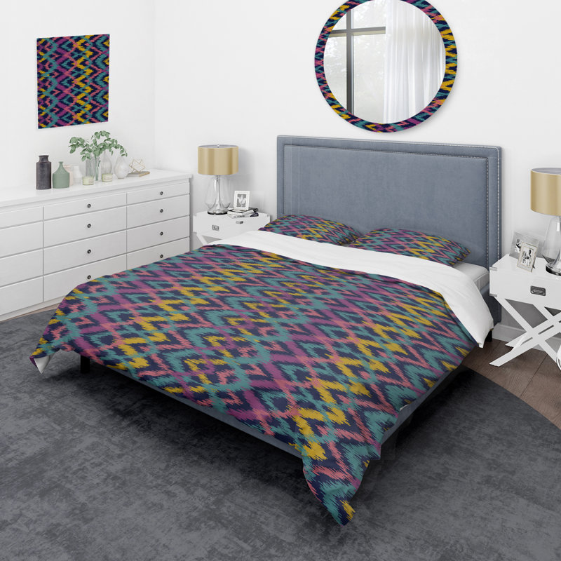 Purple Ethnic Pattern Polyester Chevron / Zig Zag Duvet Cover Set, King Duvet Cover + 2 King Shams