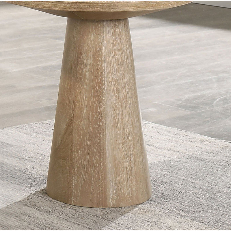 Table de bout ronde à piédestal unique de style contemporain avec structure en bois d'hévéa durable et finition chêne, Chêne
