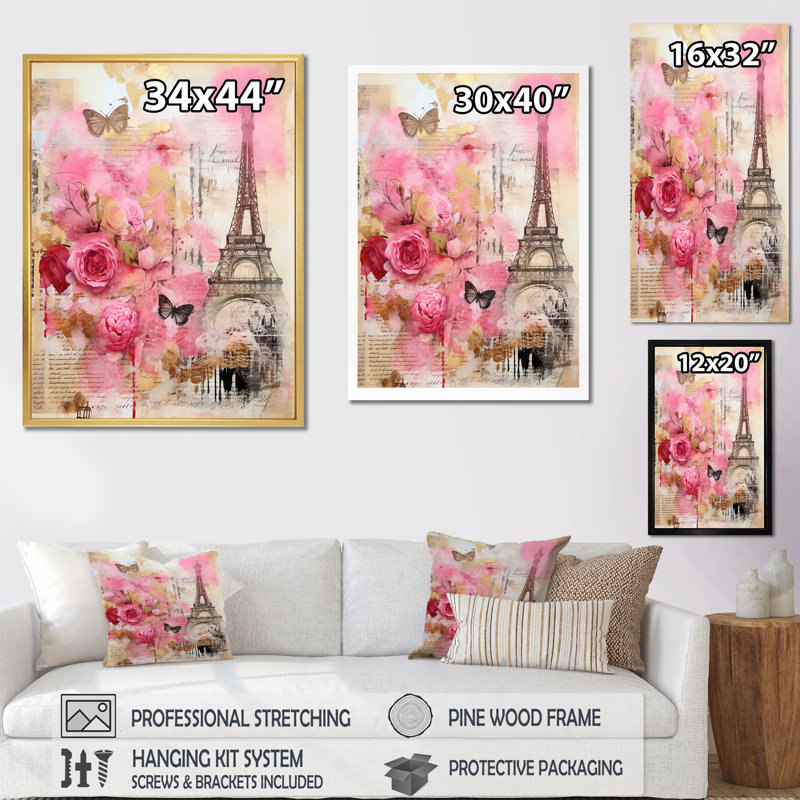 «Pink Blossoming Spring In Paris», collage rétro sur toile, Cadre flottant brun, 44" H x 34" W