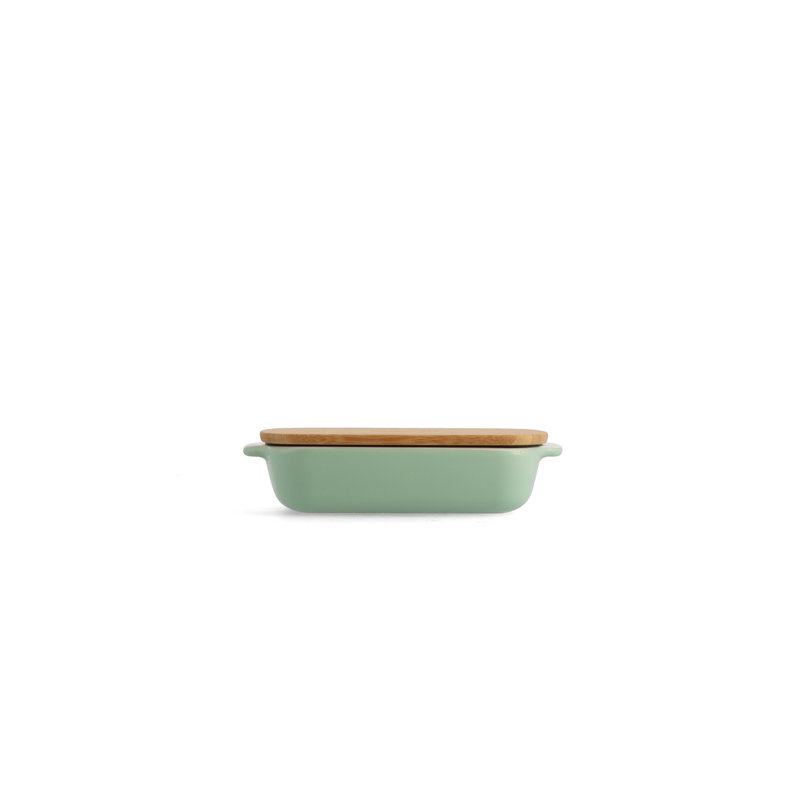 KitchenAid Stoneware Rectangular Dish with Bamboo Lid, 20cm, Pistachio