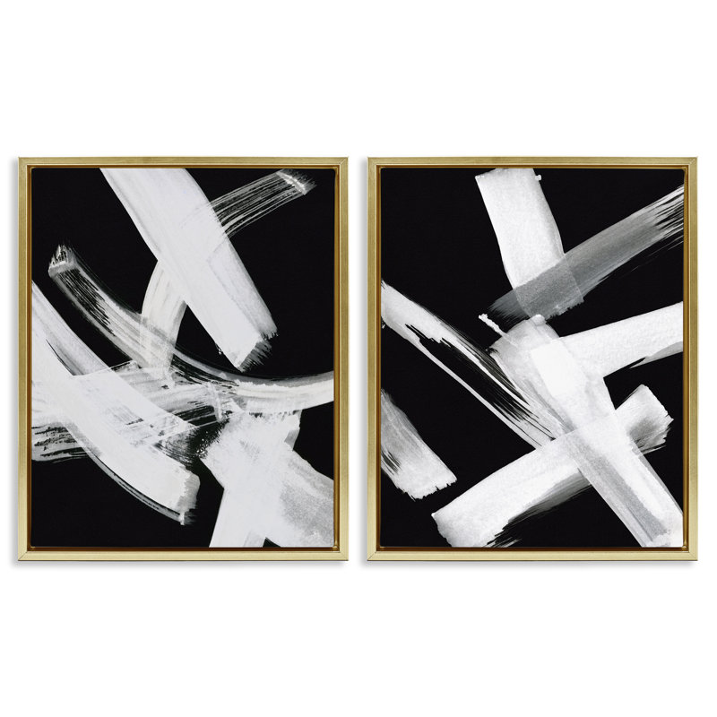 Ensemble de 2 toiles flottantes abstraites "White on Black" encadrées par Susan Jill, H 31 po x l 25 po
