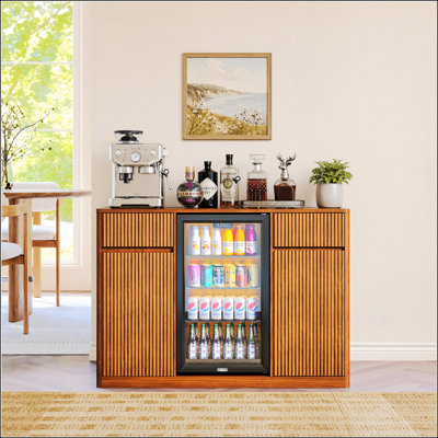 53'' Fluted Bar Cabinet with Fridge Space, Modern Coffee Station with Charging Hub & Wine Glass Rack, Walnut Buffet Sideboard for Beverage & Liquor Storage