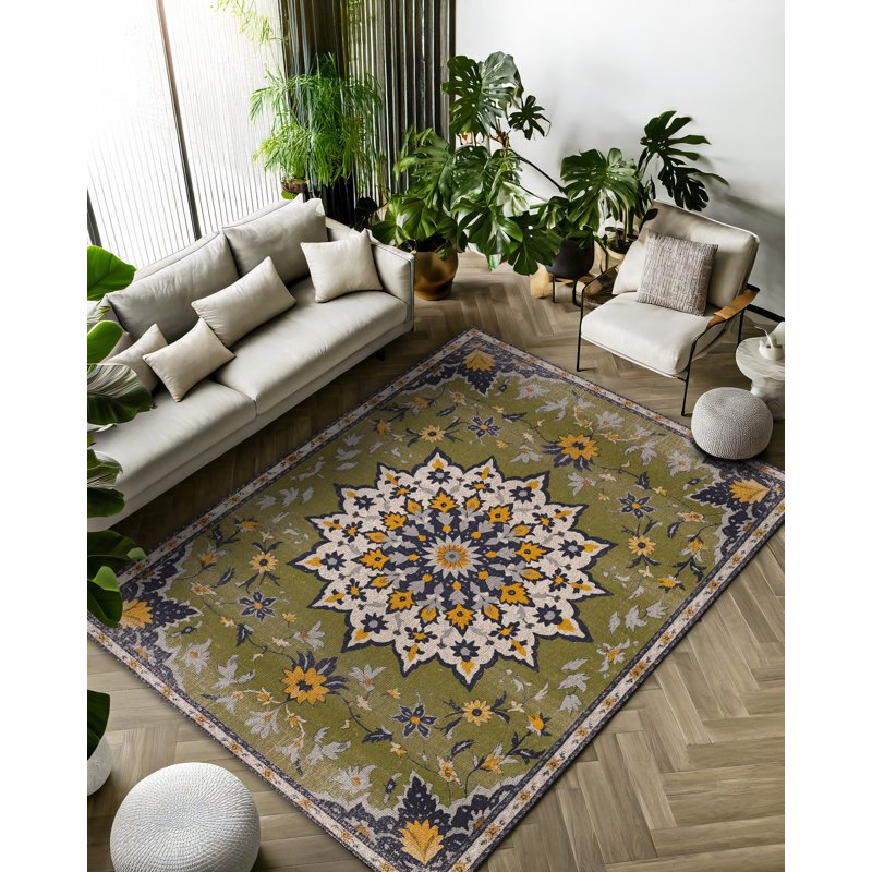 Palmyra Collection Digital Print Cotton-Polyester Green Floral Rug, Rectangle 4' x 5'11"