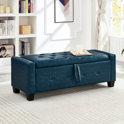 Banc rembourré 48 po en similicuir bleu avec rangement, pour chambre à coucher, salon, couloir - assemblage facile, unité centrale bleue lisse, rangement rapide