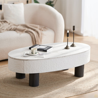 Table basse ovale avec plateau en faux marbre, table basse avec tiroir caché et espace de rangement