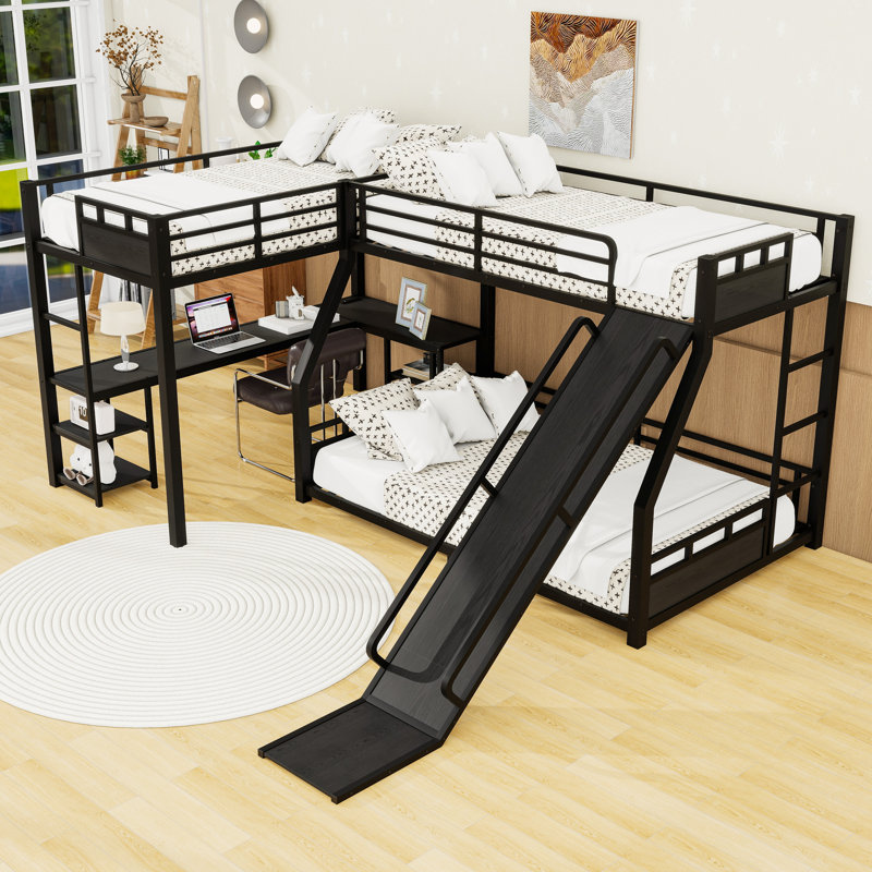 Metal L-Shaped Bunk Bed With Built-In Desk And Slide And Shelves, Twin And Twin Over Full