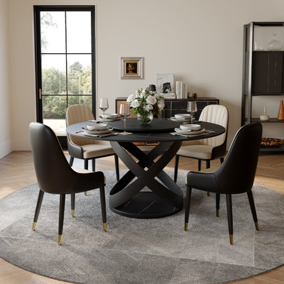 Maxwell 5/7 Pieces Modern Round Dining Table Sets, Glossy Sintered Stone Dining Table With PU Upholstered Chairs, Pre-Assembly