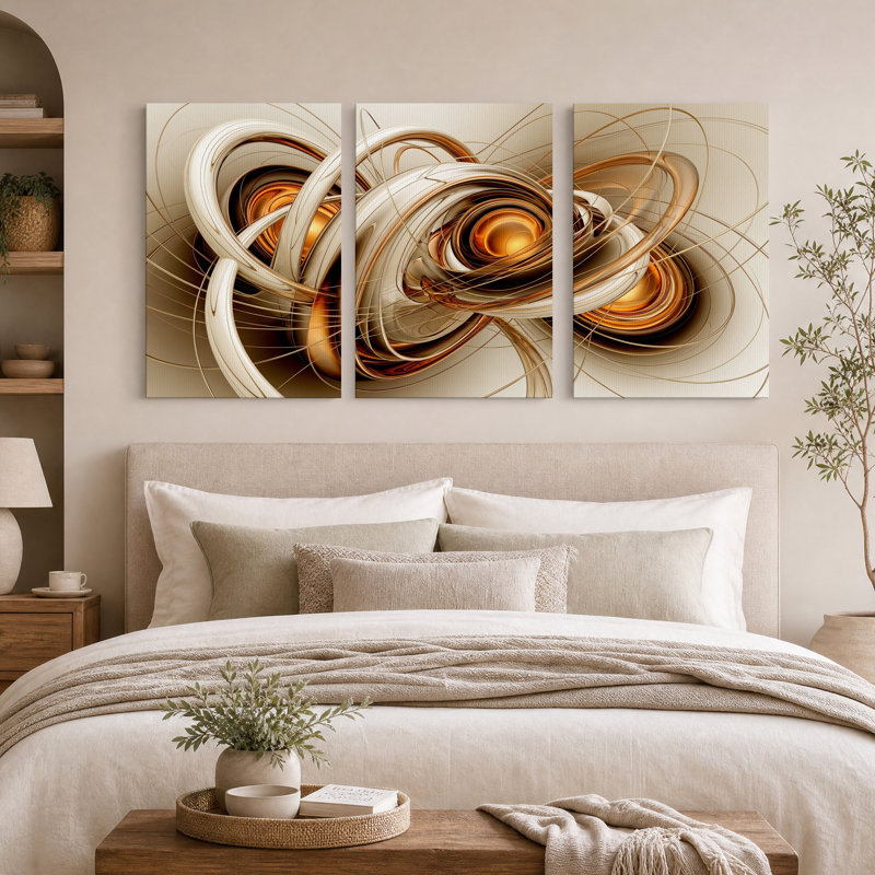 Ensemble de 3 toiles murales « Rubans tourbillonnants or et bronze », 18"H x 12"W x 3pcs