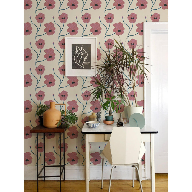 Papier peint floral en lin Flourish - Fuchsia par Natalie Papier, Papier