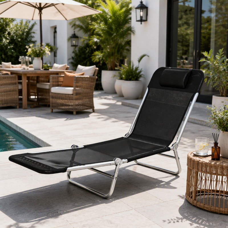 Chaise longue pliante pour l'extérieur, Noir / argenté