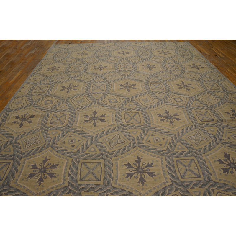 Tapis unique en laine noué à la main de 9 pi x 12 pi bleu / vert / crème