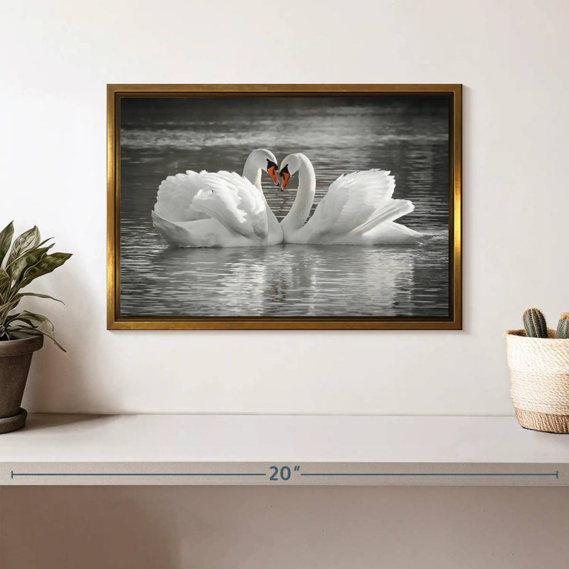 Couple de cygnes amoureux, Cadre flottant doré, 13 po x 9 po