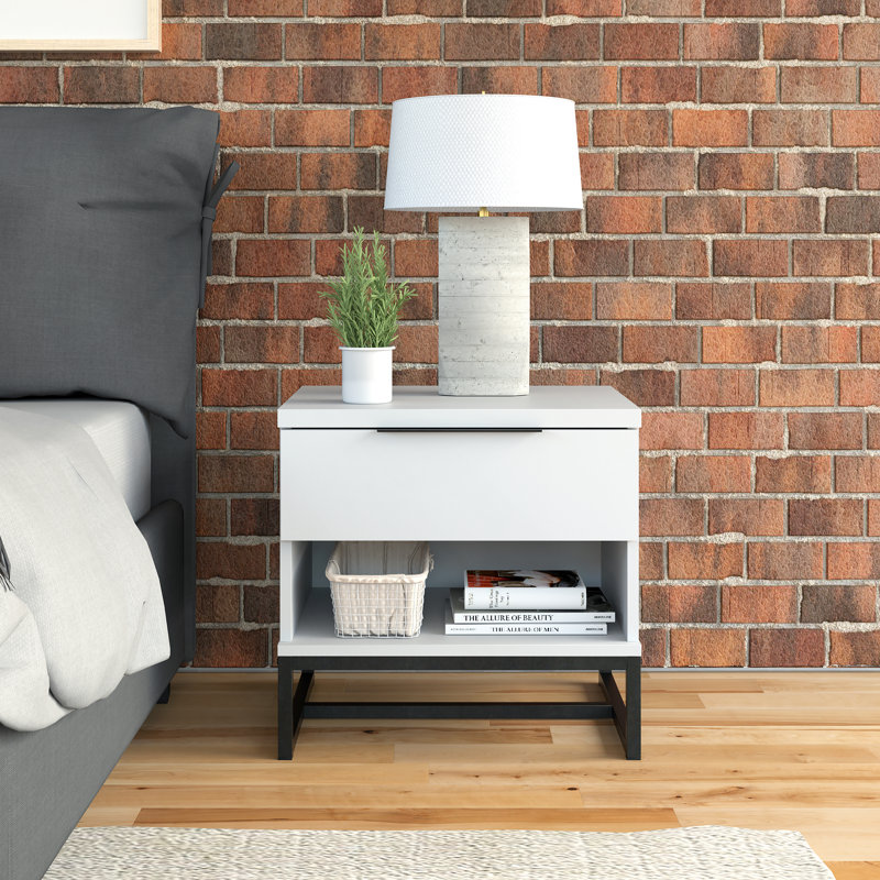 White Spruce Modern Nightstand with Drawer and Open Shelf