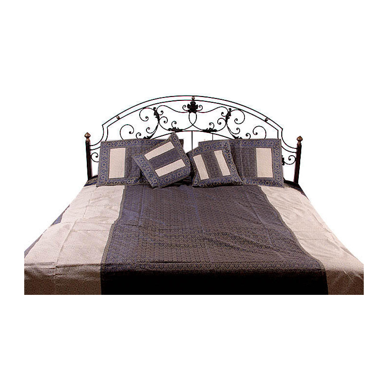 Exotic India Silk Blue and Ivory Bedcover with All-Over Weave From Banaras (Set of 5)