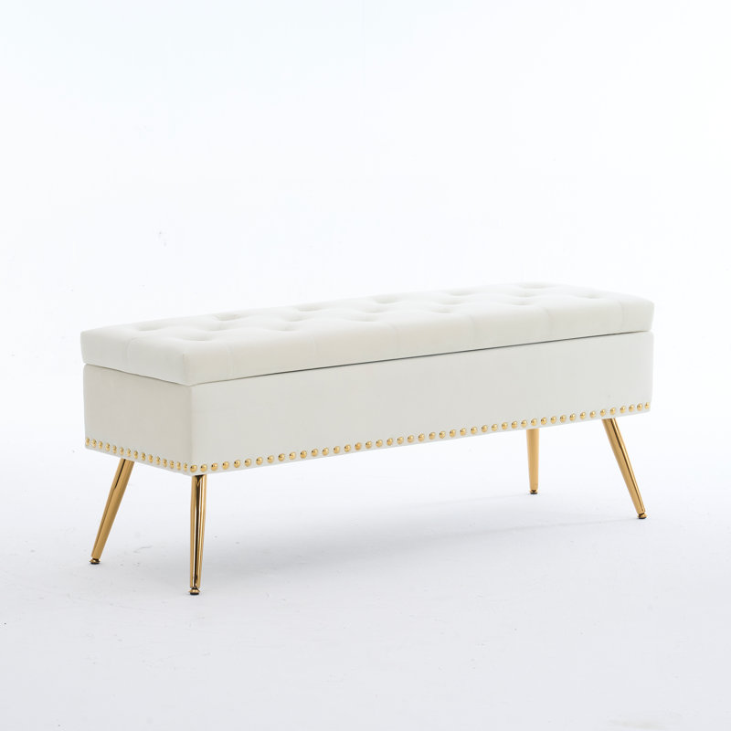 Velvet Storage Ottoman Bench Modern Bedroom End of Bed Bench with Gold Legs, Ivory, 18" H x 46" W x 15.5" D