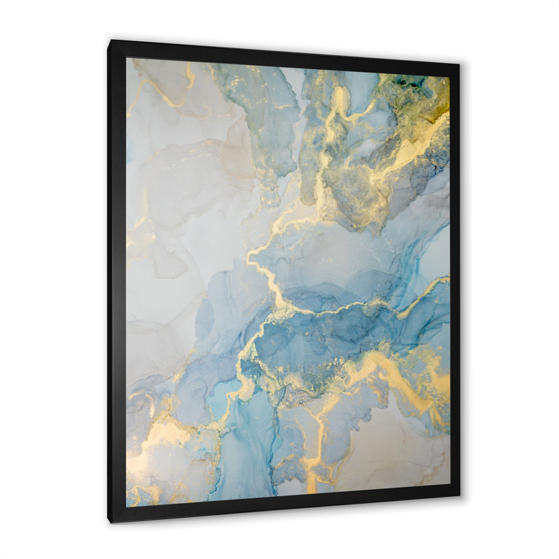 «Luxury Turquoise Grey Marbré Flow Art», reproduction sur toile, H 20 po x l 12 po x P 1 po, Toile avec cadre photo noir