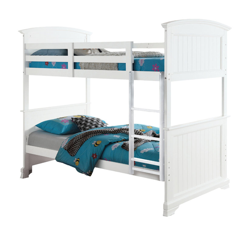 Lit simple superposé double de style transitionnel en bois blanc, massif et d'ingénierie, avec tête de lit à panneau, réversible, pieds de support avec système de joint