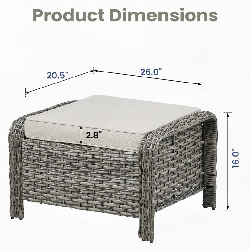 Ensemble de 2 repose-pieds d'extérieur en rotin gris avec coussin beige pour cour ou terrasse