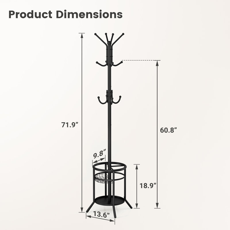 12-Hook Freestanding Metal Coat Rack with Storage Shelf, Black
