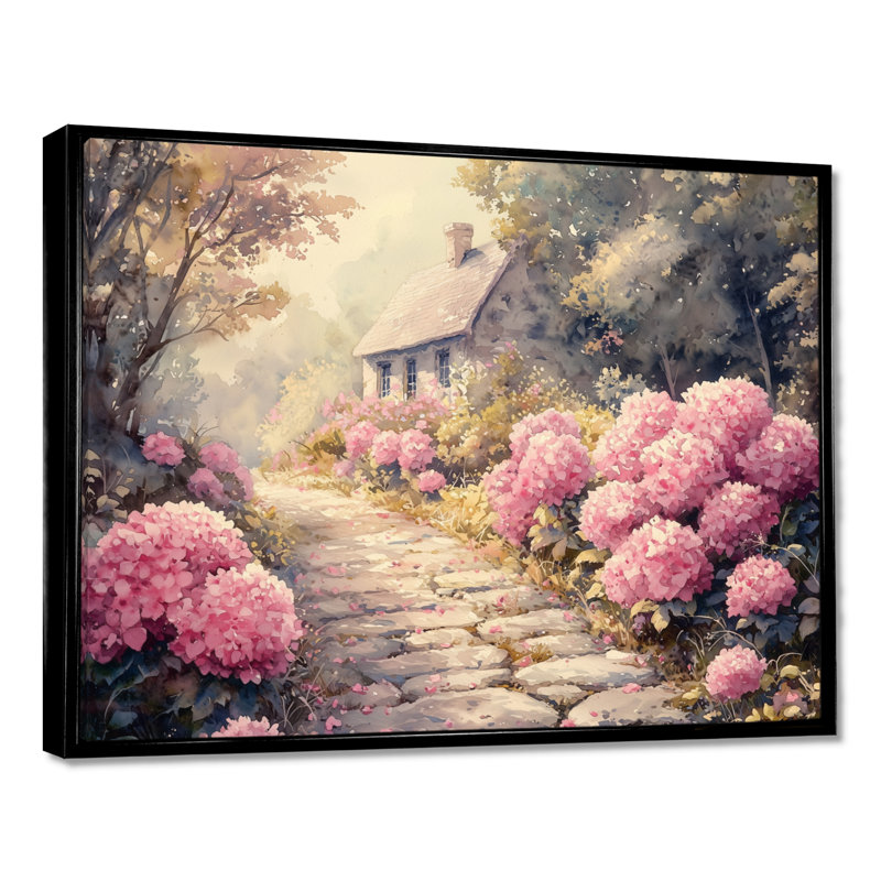 Hortensias par le chemin de pierre IV - hydrangées, art mural, H 30 po x l 40 po, Impression encadrée flottante