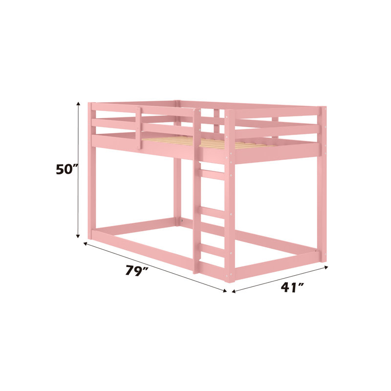 Lit mezzanine simple rose, aucune planche requise, système à 13 lattes, barrière de sécurité facile d'accès, façade à droite, fabrication en bois de pin massif, capacité de charge de 220 lb, profondeur de lit de 41,4 po
