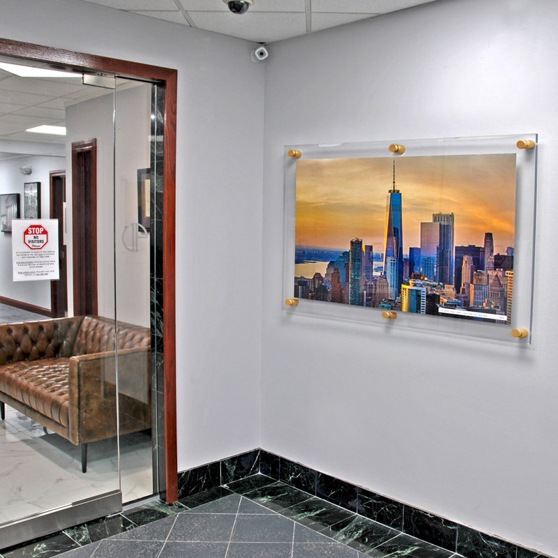 Floating Acrylic Wall Frame with Gold Stand Off Caps: 24" x 36" Graphic Size, Overall Frame Size: 28" x 40"