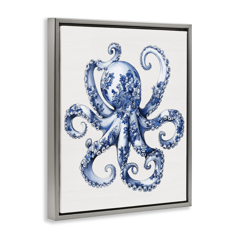 Cadre flottant Funky Toile, pieuvre, H 21 po x l 17 po, Cadre flottant gris lustré