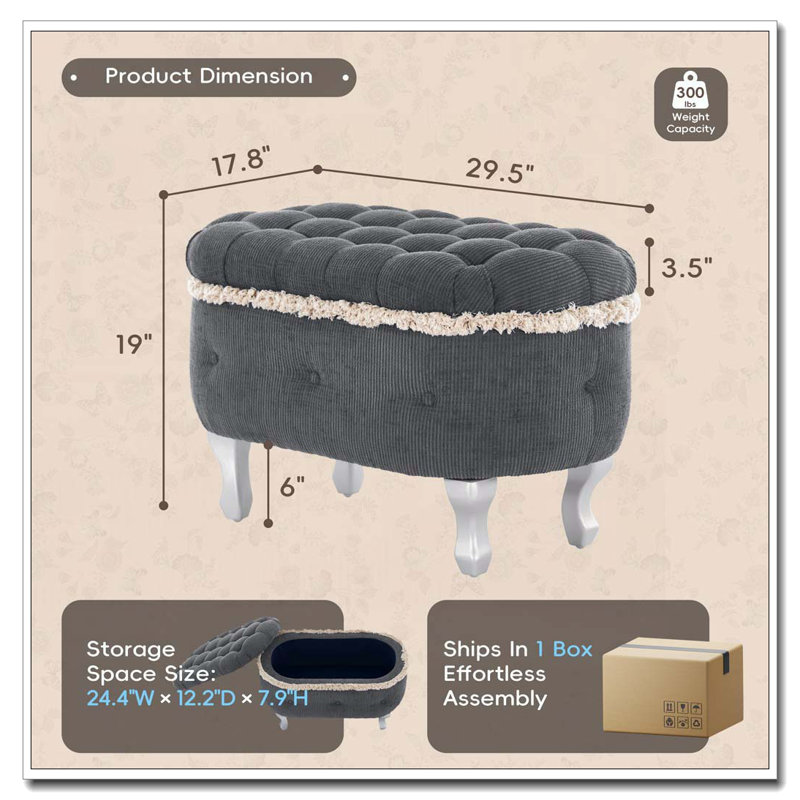 Banc de rangement avec repose-pieds en tissu, Gris