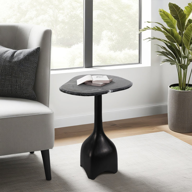 Élégante table de bout en marbre avec base piédestal sculptée Jackins, Noir