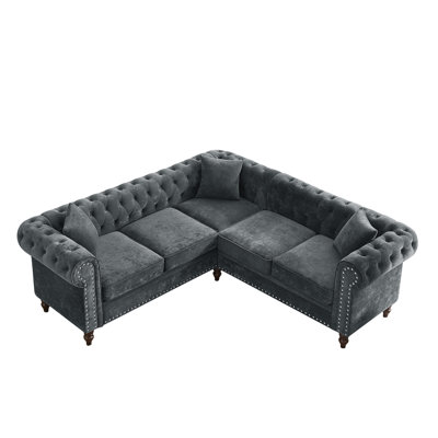 Deep Button Tufted Upholstered Roll Arm Luxury Classic Chesterfield L-Shaped Sofa 3 Pillows Included, Grey Velvet -  Rosdorf Park, EBD7F950274C4D3B8CA9F74582551227