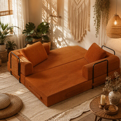 Convertible Sleeper Sofa Bed with Cylindrical Pillow - Corduroy Folding Mattress Couch with Fixed-Shape Frame for Living Room, Bedroom, Lounge, Studio