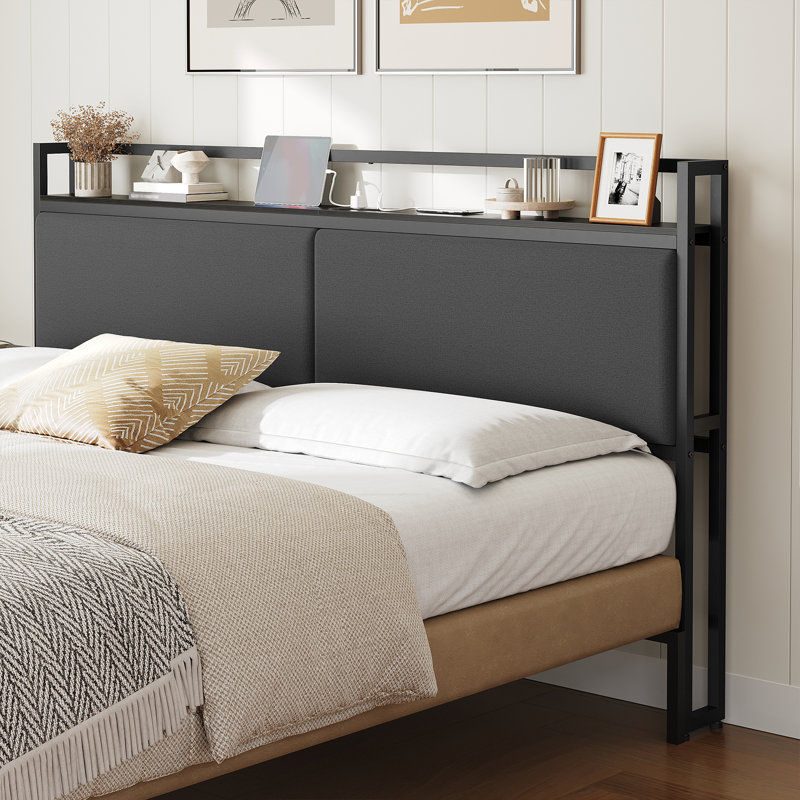 Upholstered Headboard Metal Frame with Charging Station and Storage, Queen, Black